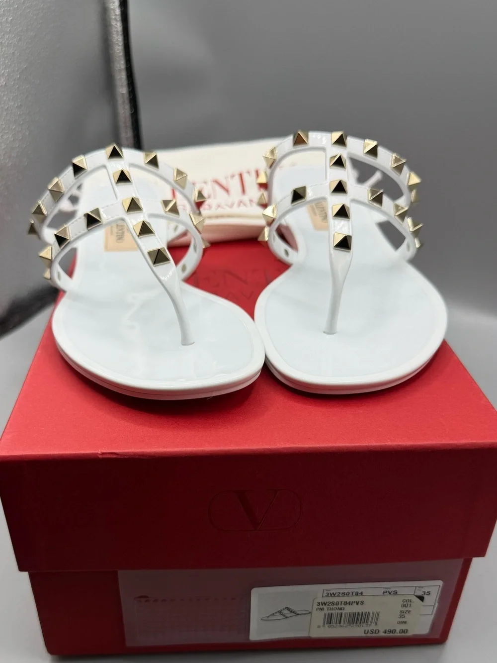 Valentino Garavani White Patent Rockstud Triple-Strap Thong Sandals
